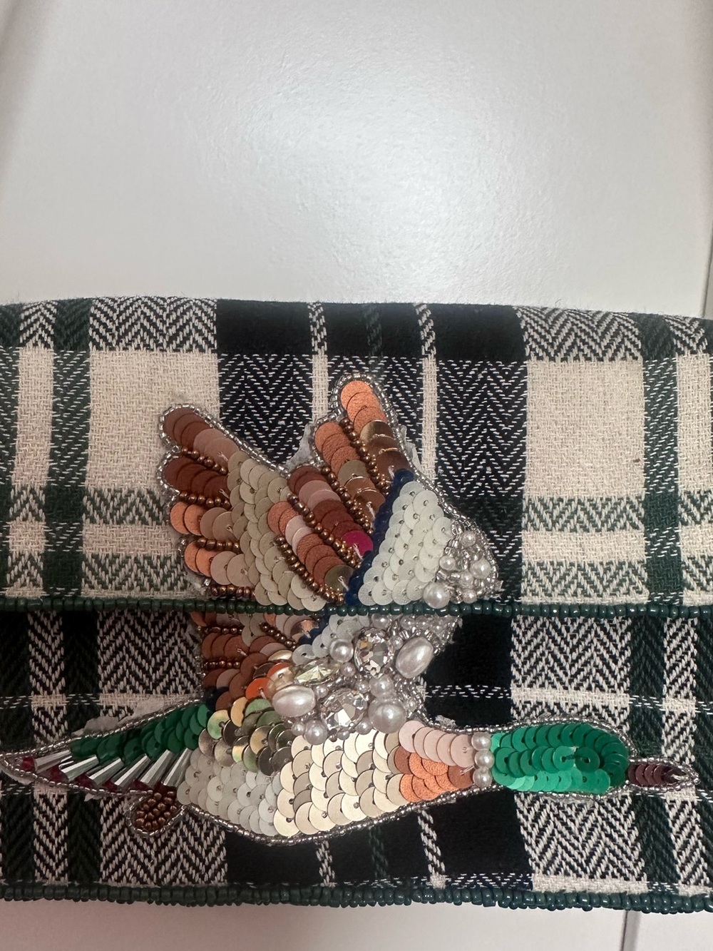Anthropologie Plaid Sequin Bird Shoulder Bag - Green, Cream, Brown, Silver Fall - Picture 2 of 8
